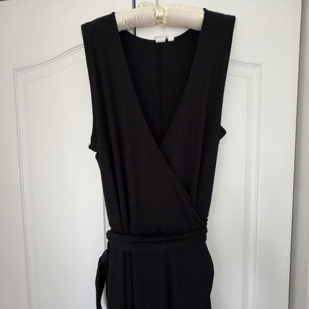 Gap Black Wrap Midi Dress Sleeveless Belted XL Tall Stretch Knit - Picture 3 of 10